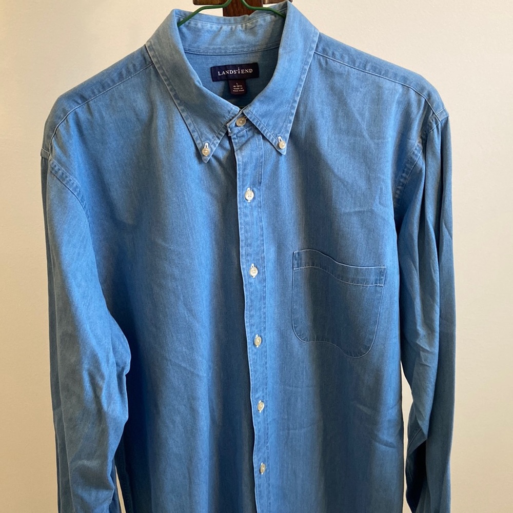 Lands End blue chambray Oxford shirt 16- 16 1/2 Large